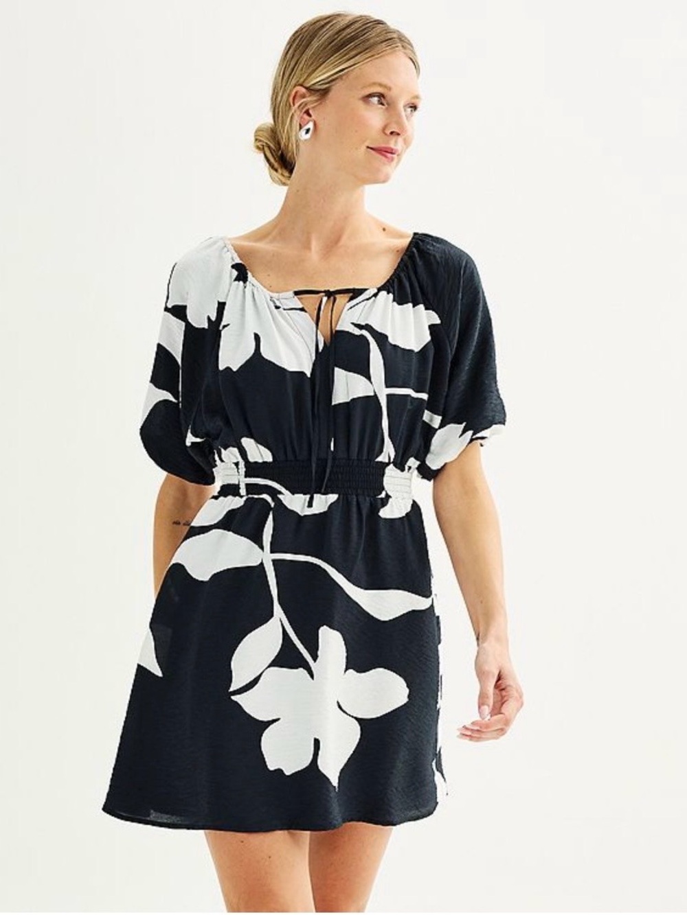 Nine West Black & White Floral Tie-Neck Women’s Dress L